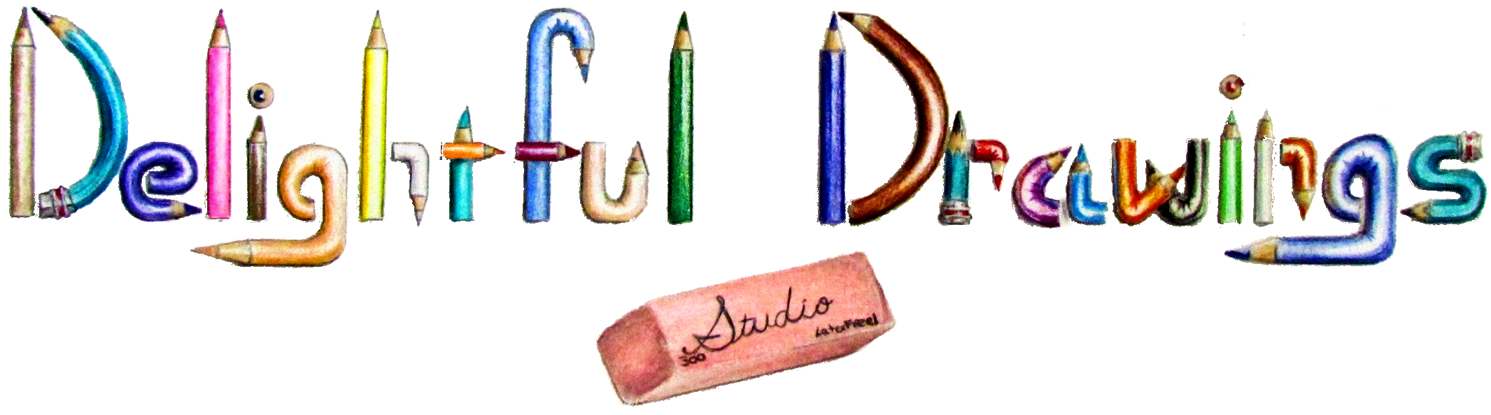 Drawing of colored pencils that spell out Delightful Drawings Studio.