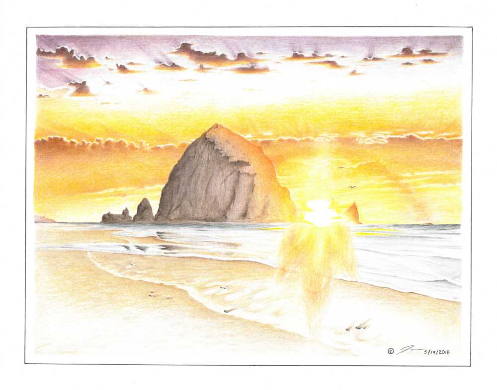 Pencil drawing titled: Sunset at Cannon Beach