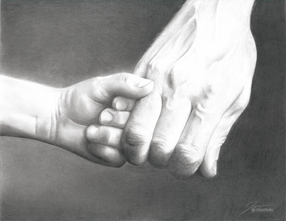 Pencil drawing titled: Helping Hands