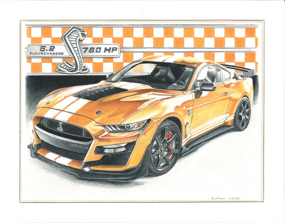 Pencil drawing titled: Orange 2020 Ford Mustang Selby GT500