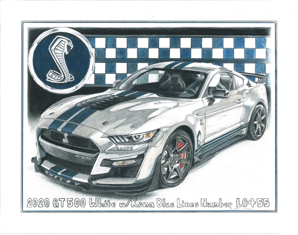 Pencil drawing titled: White 2020 Ford Mustang Selby GT500