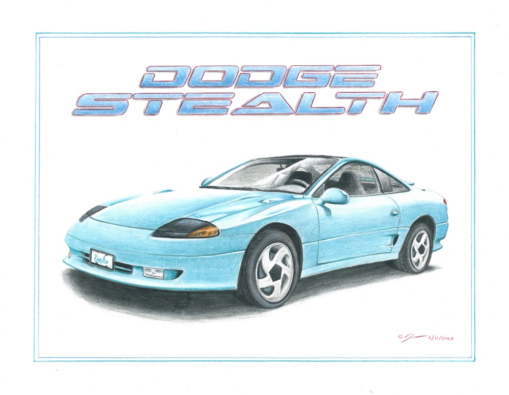 Pencil drawing titled: Blue Dodge Stealth