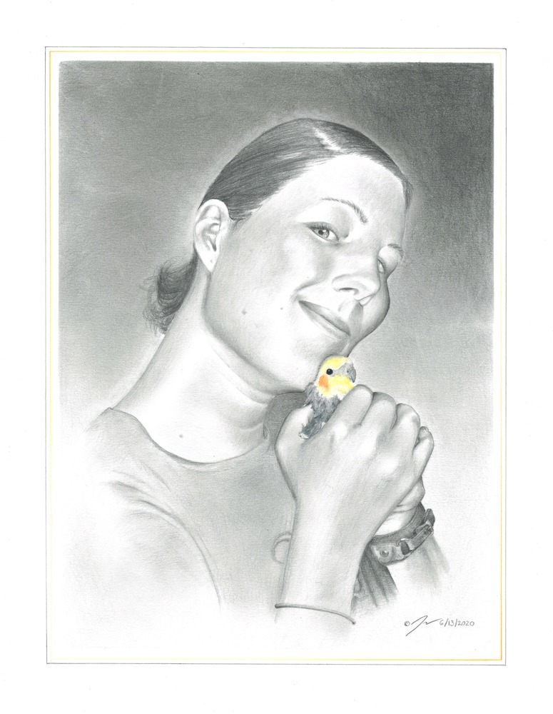 Pencil drawing titled: The Bird Keeper