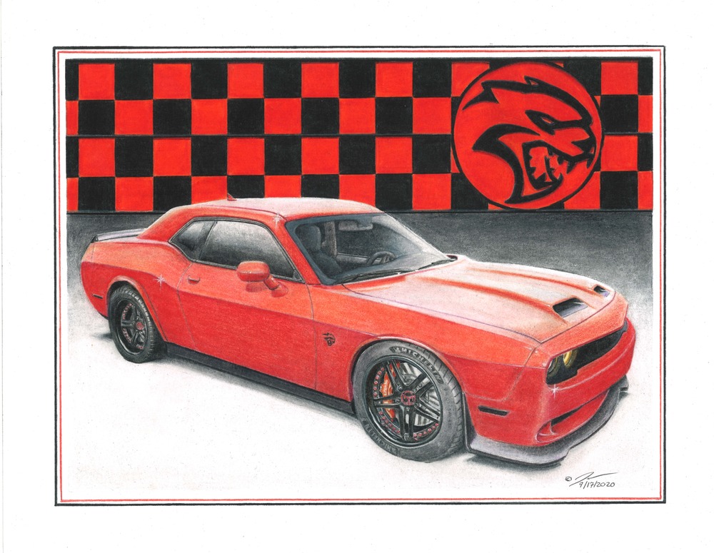 Pencil drawing titled: 2020 Dodge Challenger Hellcat
