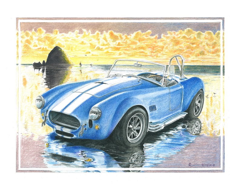 Pencil drawing titled: 1965 Blue & White AC Cobra