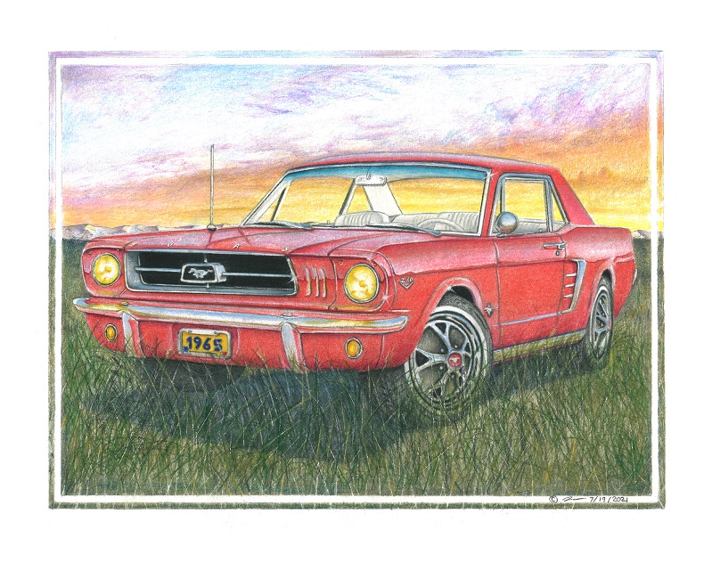 Pencil drawing titled: 1965 Mustang Coupe