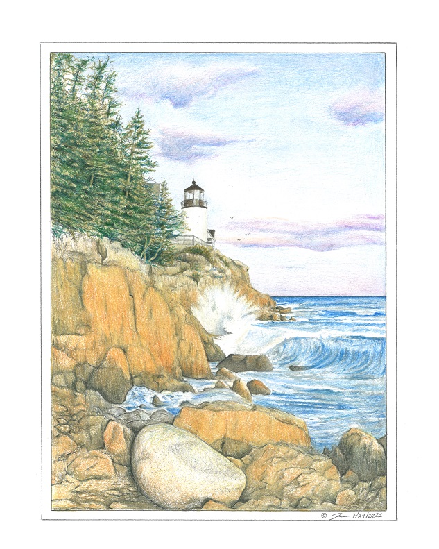 Pencil drawing titled: Bass Head lighthouse, Maine, USA