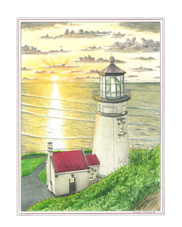 Pencil drawing titled: Heceta Head lighthouse, Oregon