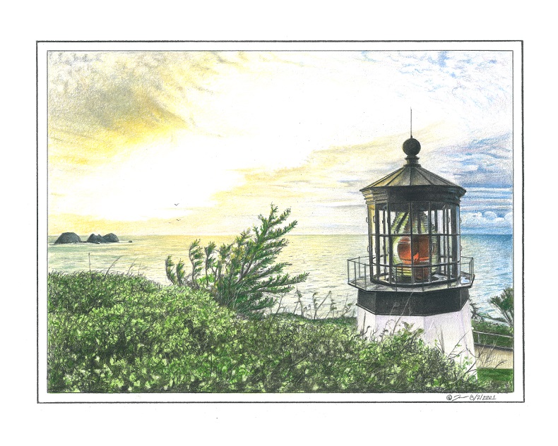 Pencil drawing titled: Cape Meares Lighthouse, Tillamook Bay, Oregon