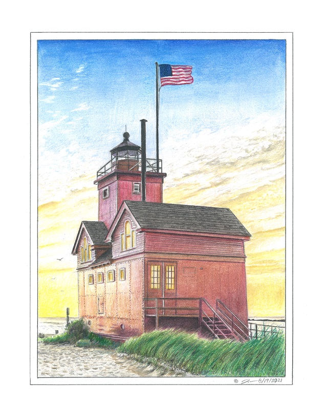 Pencil drawing titled: Big Red Lighthouse, Holland Harbor, Michigan